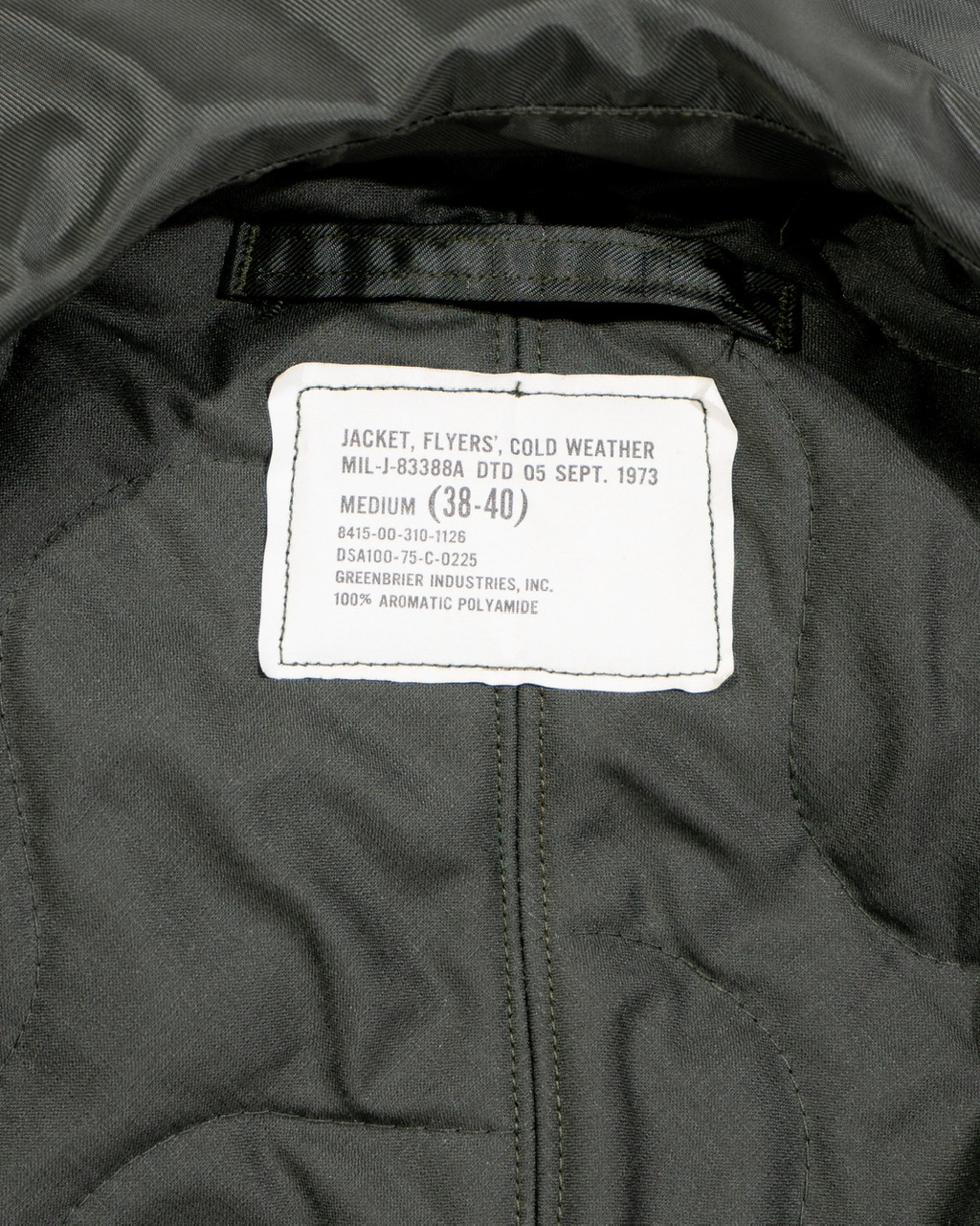 N.O.S. GREENBRIER INDUSTRIES, INC. COLD WEATHER FLYERS’ JACKET MIL-J ...