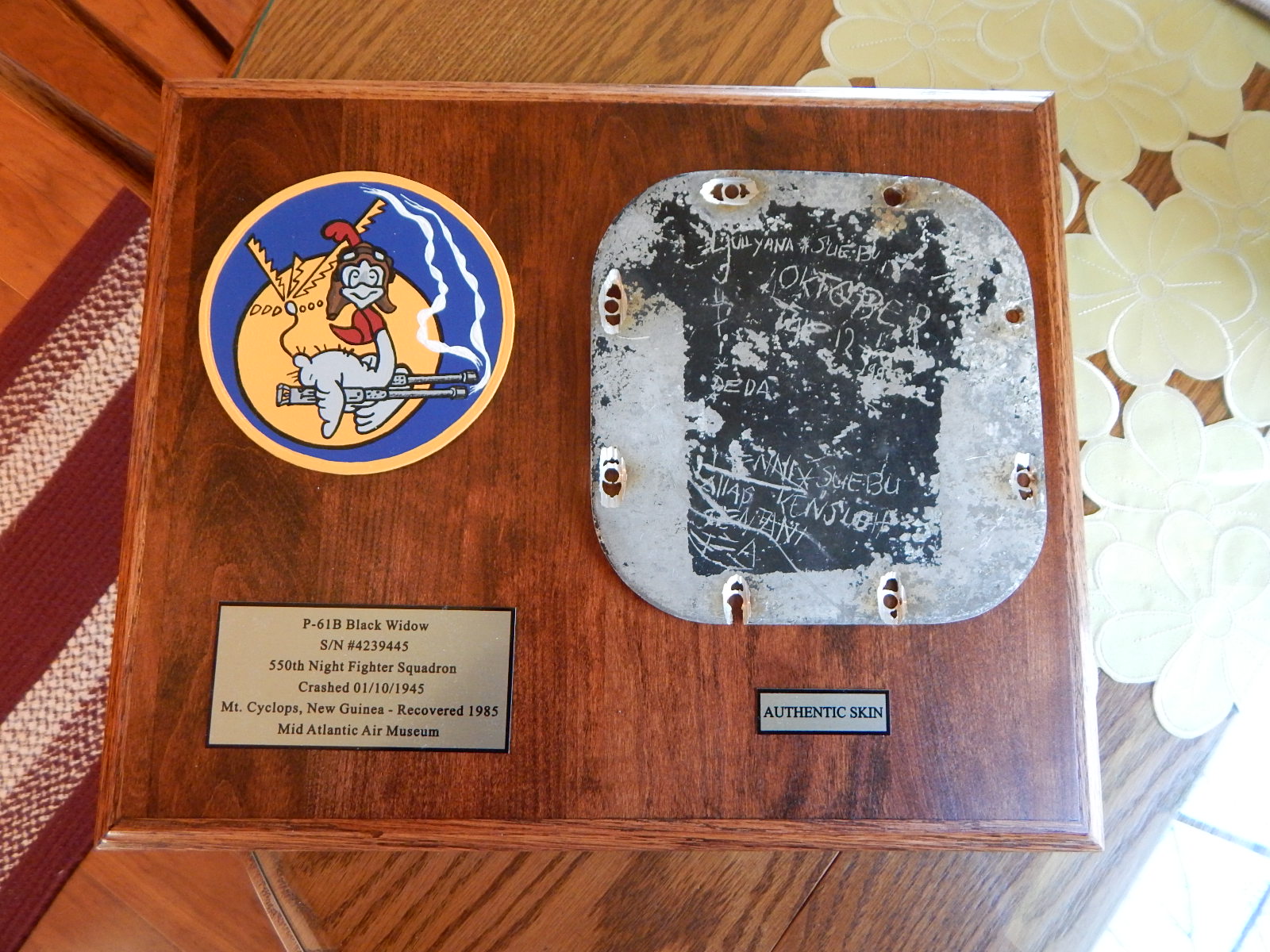 550th Night Fighter Squadron,leather patch on display plaque.JPG