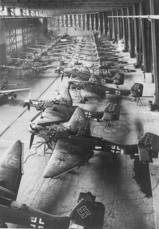 Assembly shop of the German Ju-87 dive bombers of the Weser-Flugzeugbau plant in the hangars o...jpg