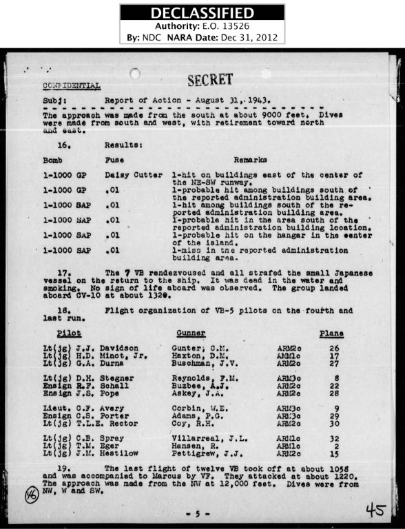 VB-5 August 31, 1943 Combat Report